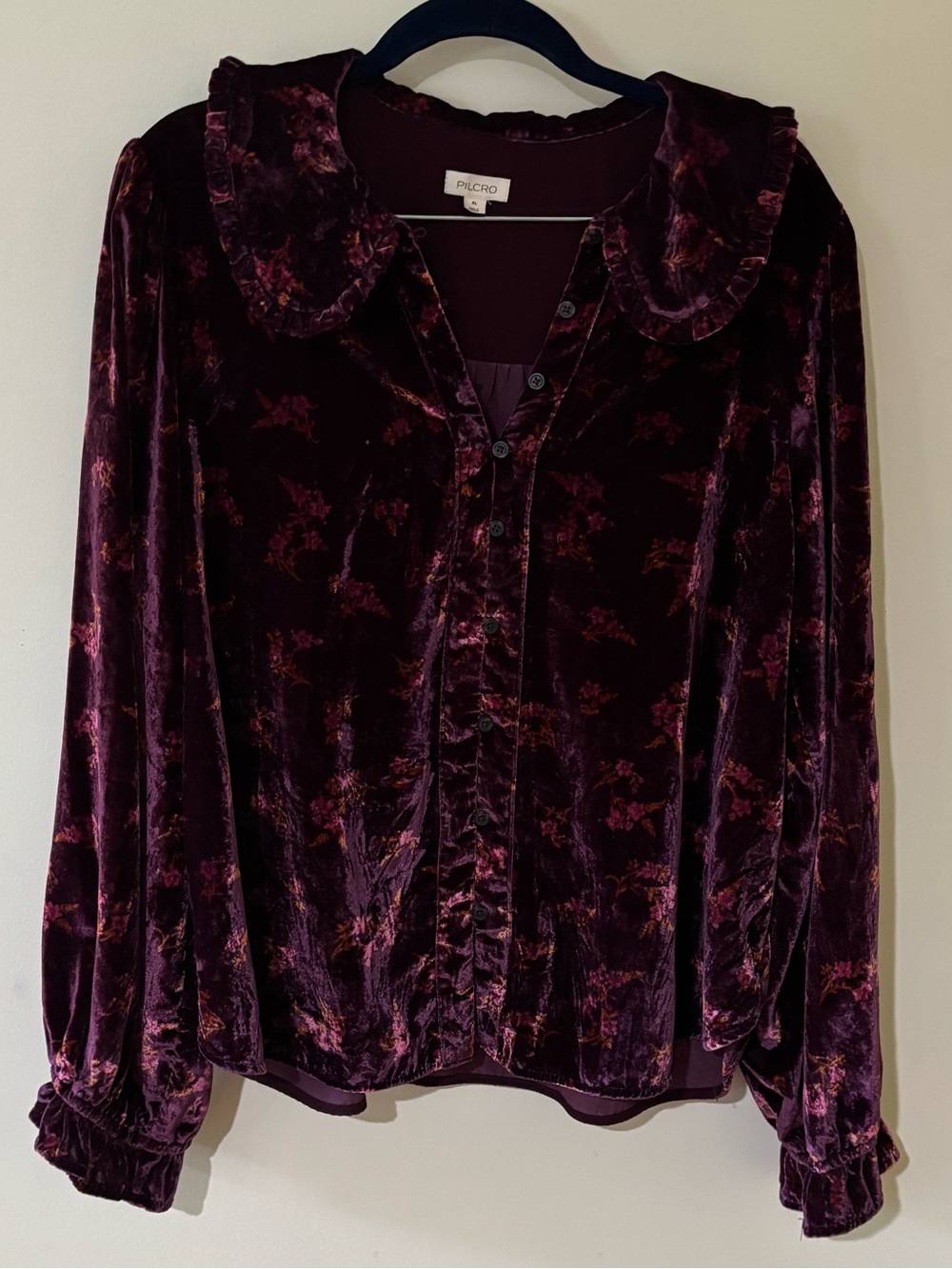Pilcro ANTHROPOLOGIE velvet KEIRA floral RUFFLE COLLAR top purple ROMANTIC xl - Picture 4 of 11